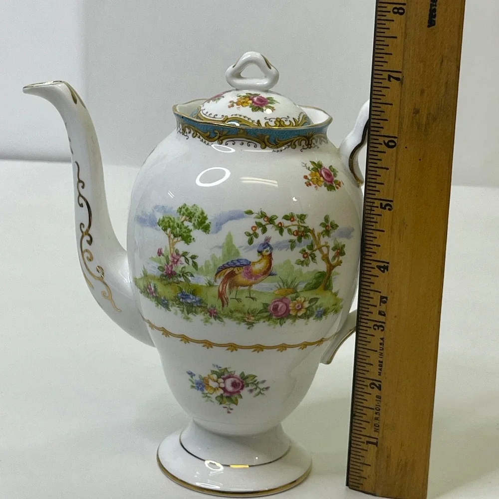 Royal Albert Chelsea Bird Coffee Set Pot 4 Demitasse Cups Saucers Bone China